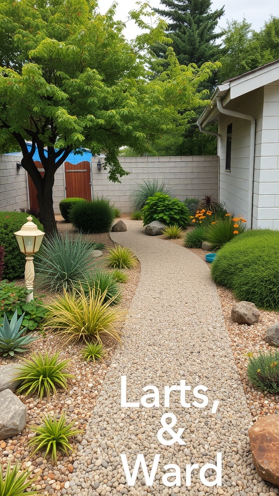 A drought-tolerant native landscaping design featuring a gravel path and various native plants.