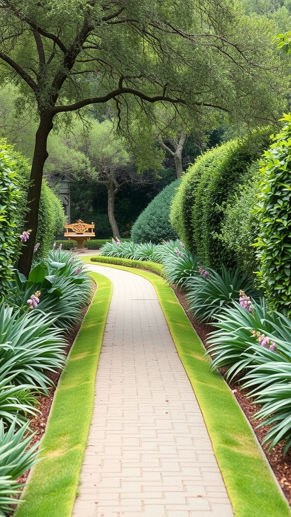 A winding pathway bordered by lush greenery and flowering plants, creating an inviting atmosphere.