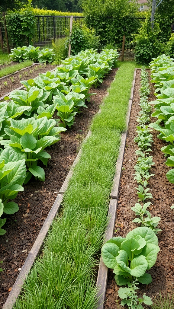 A well-organized vegetable garden with lush green plants and a grassy path between them, bordered by wooden edges.