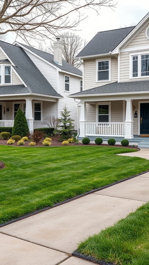 Two houses with manicured lawns and clear lawn edging separating grass from flower beds.