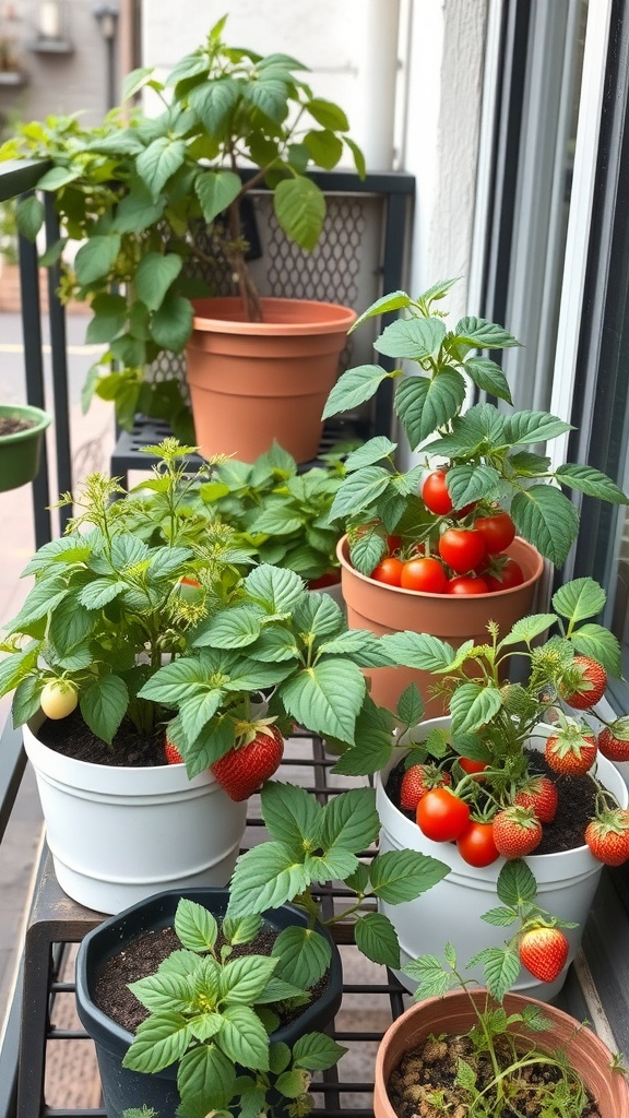 A balcony garden with pots of tomatoes and strawberries, showcasing vibrant green leaves and ripe fruits.