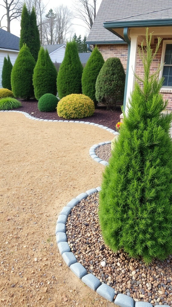 A low-maintenance front yard garden featuring various evergreen plants, stones, and mulch.