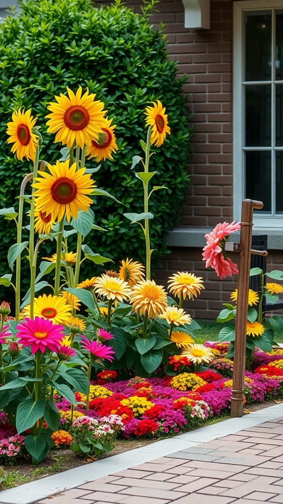A vibrant flower bed featuring tall sunflowers and colorful zinnias and gerbera daisies in a front yard.