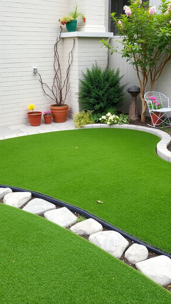A front yard featuring artificial turf, stone borders, and potted plants, showcasing a low-maintenance garden design.