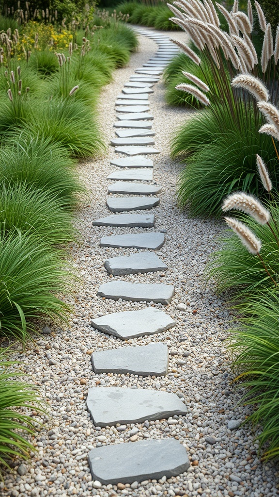 A gravel and paver walkway surrounded by green grasses in a garden.