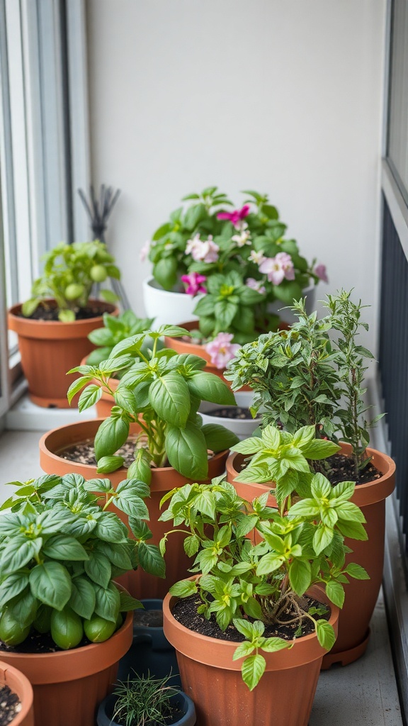 A balcony garden featuring various herbs in terracotta pots, including basil and other greenery.