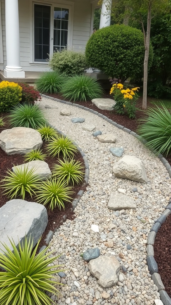 A landscaped front yard featuring a winding path made of decorative stones and gravel, surrounded by green plants and colorful flowers.