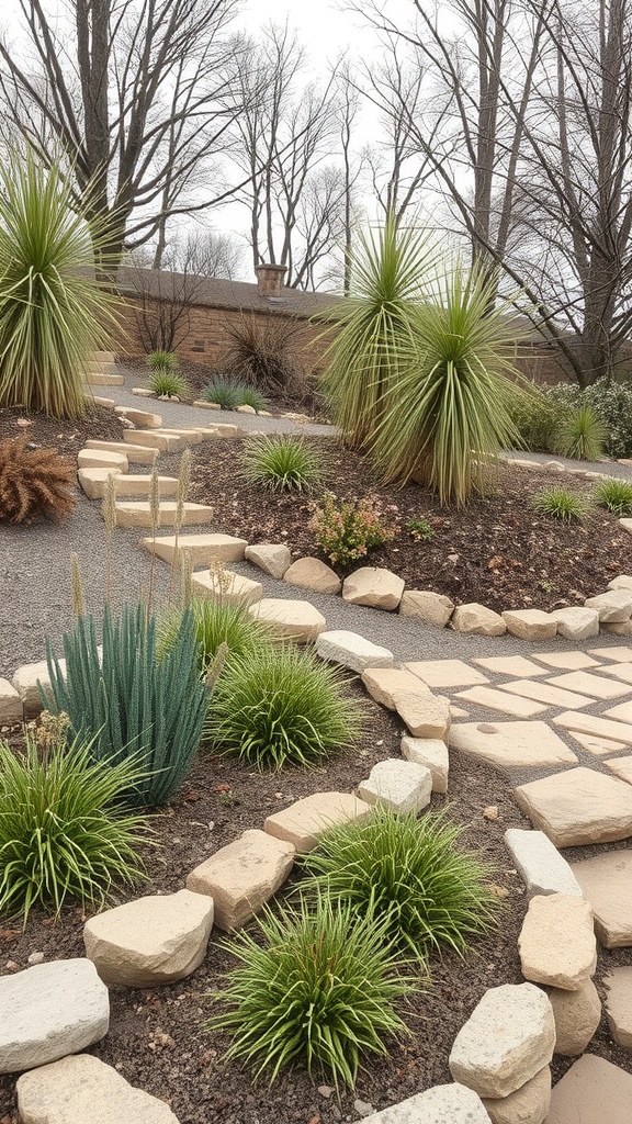 A garden with natural stone edging, featuring various plants and a pathway.