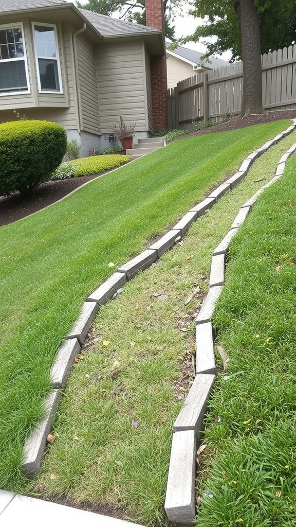 A sloped yard with wooden edging creating a pathway through the grass.