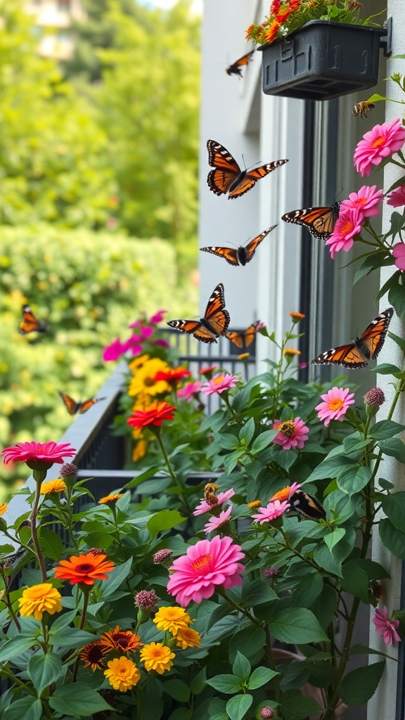 A balcony garden filled with colorful flowers and butterflies, showcasing a vibrant insect-friendly environment.