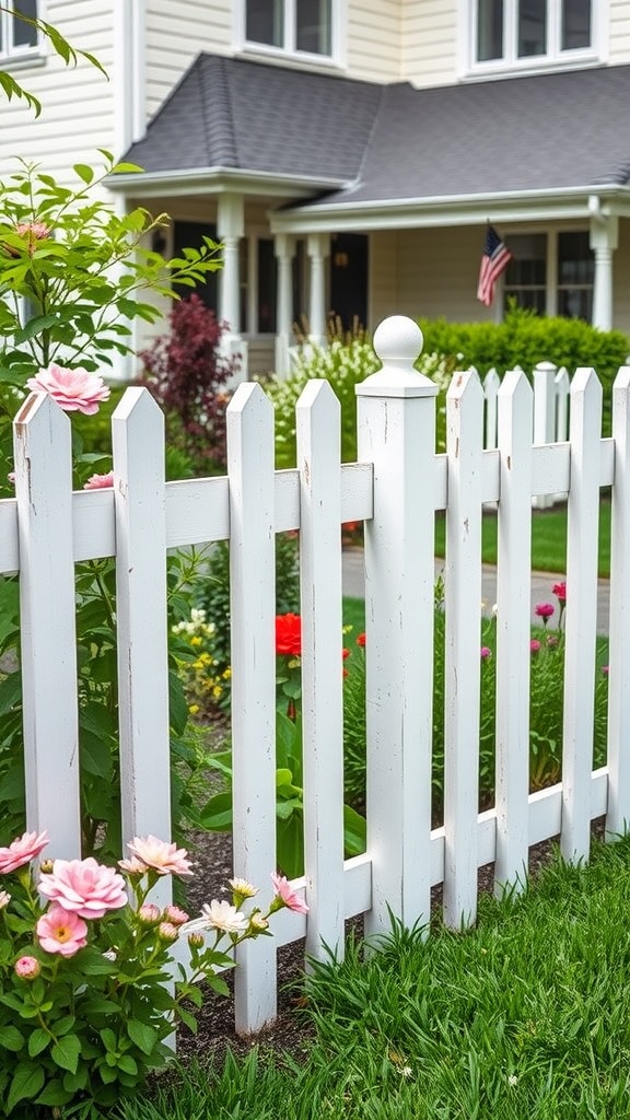 A white picket fence surrounding a colorful flower garden in a front yard.