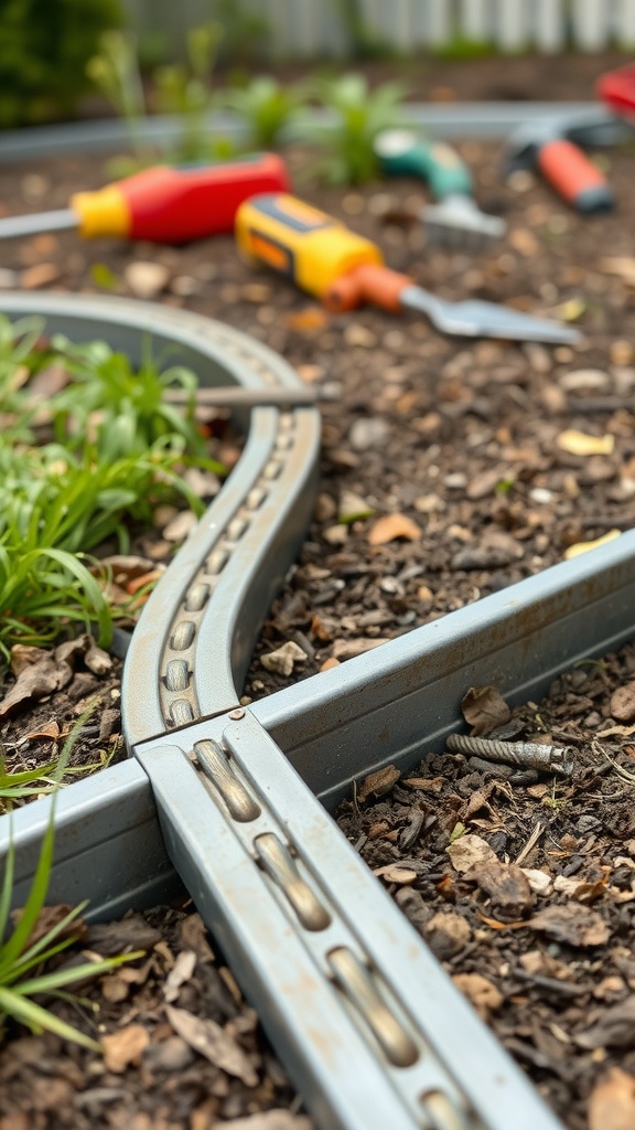 Close-up of metal edging being installed in a garden with tools scattered around.