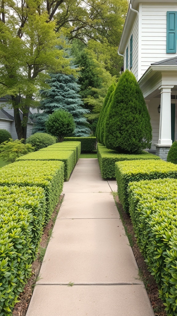 A clean and tidy front yard with trimmed hedges and a clear pathway.