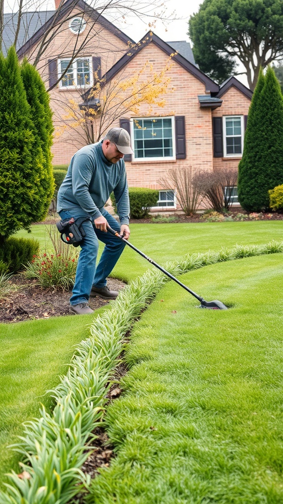 A person trimming the lawn edges with a trimmer near a flower bed and a house.