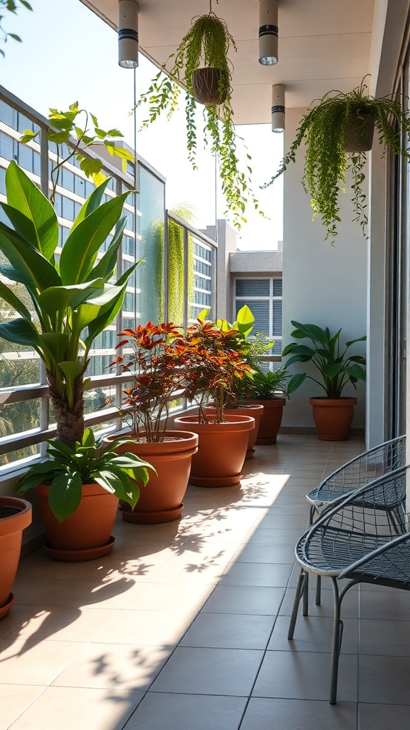 A bright balcony garden with various plants in terracotta pots and hanging greenery.