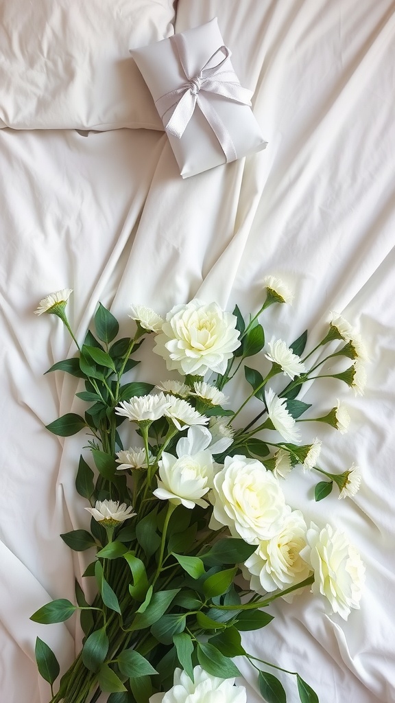 A minimalist monochrome flower bed featuring white flowers and green leaves on a light background.