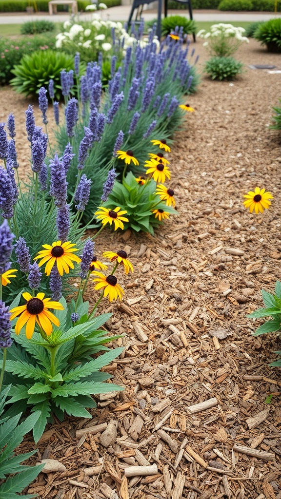 A garden bed featuring lavender and black-eyed Susans surrounded by mulch.