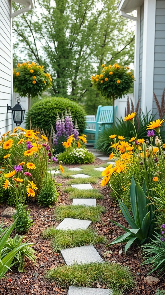 A vibrant front yard garden with a pathway lined with wildflowers and greenery.