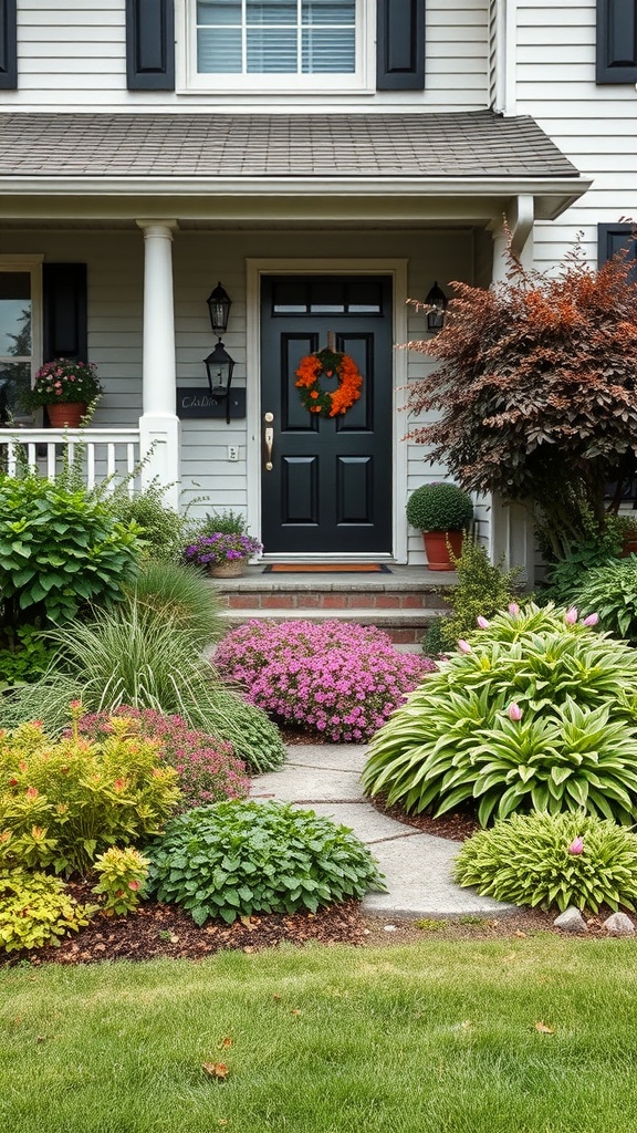 A beautifully landscaped front yard with colorful flowers and a welcoming entrance.