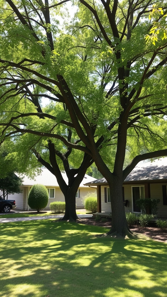 Two large trees with green leaves providing shade in a front yard