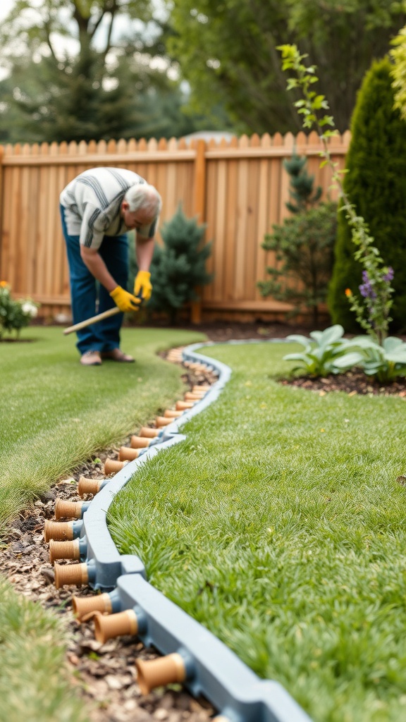 A person installing plastic edging in a garden, showcasing easy installation.