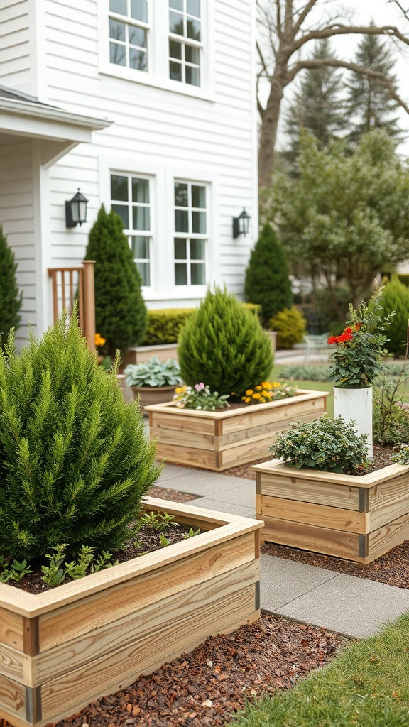 Wooden raised planters filled with various plants in a front yard setting.