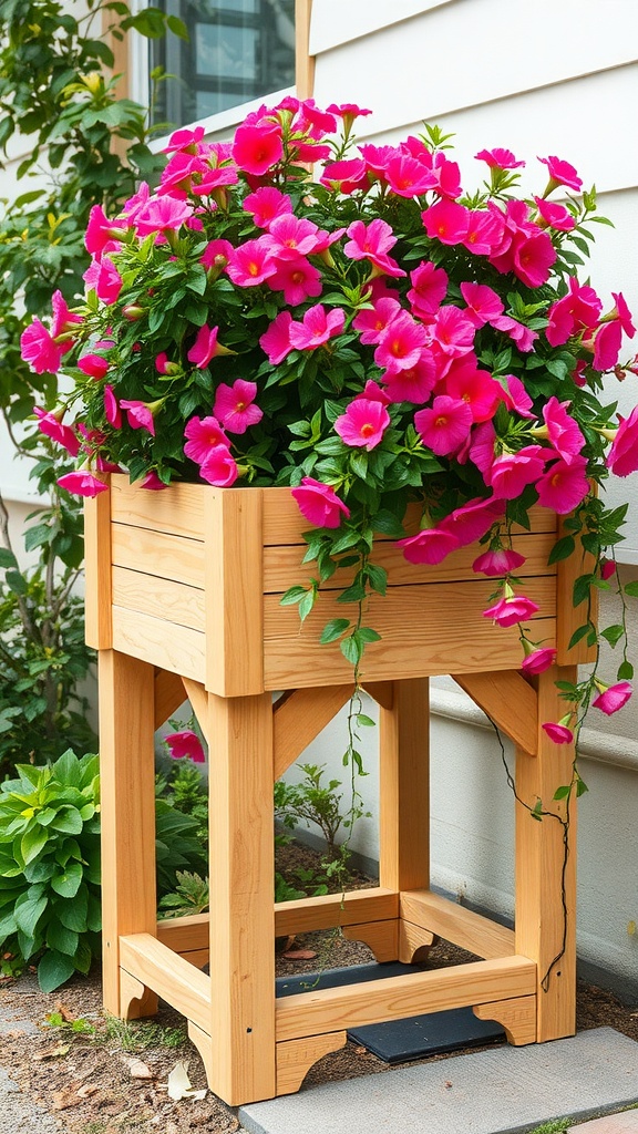 A raised wooden flower bed filled with vibrant pink flowers.