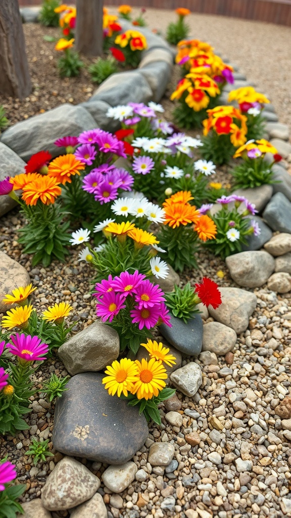 Colorful flower bed with various flowers and stones in a rock garden