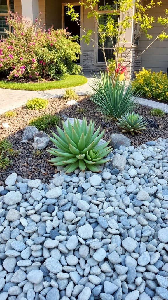 A rock garden featuring various succulents surrounded by smooth gray stones.