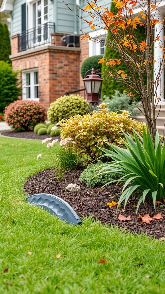 A well-maintained garden with lawn edging, featuring colorful plants and a neat grass border.