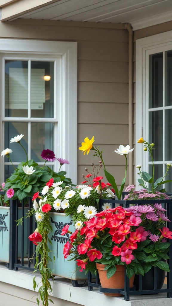 Colorful balcony garden with various flowers in pots