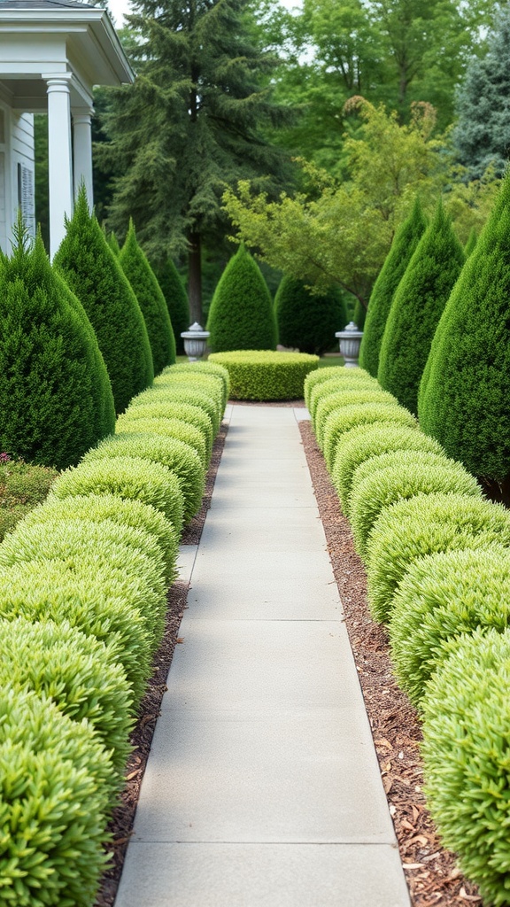 Symmetrical layout of green shrubs along a walkway in a front yard garden.