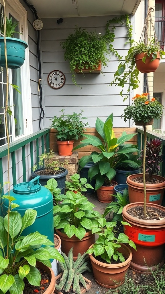 A balcony garden filled with various potted plants and flowers, showcasing a sustainable gardening setup.