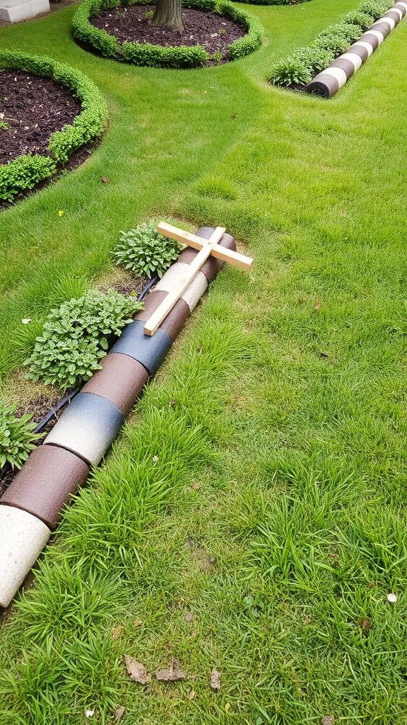 A well-maintained lawn with various materials used for edging, including stone and wood.