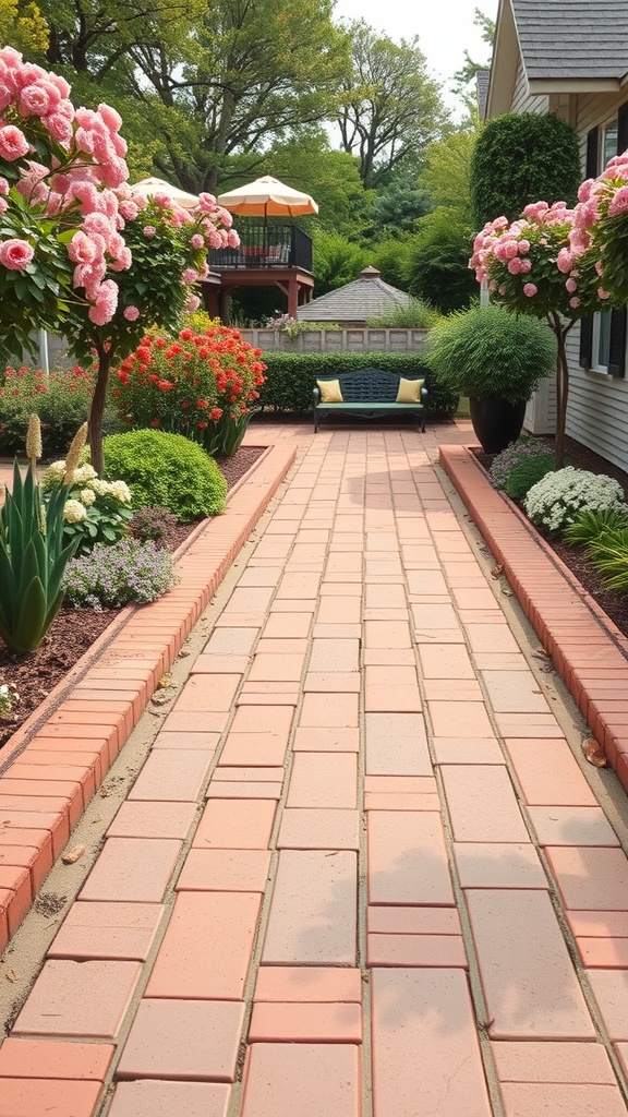 A garden pathway lined with brick, surrounded by colorful flowers and greenery.