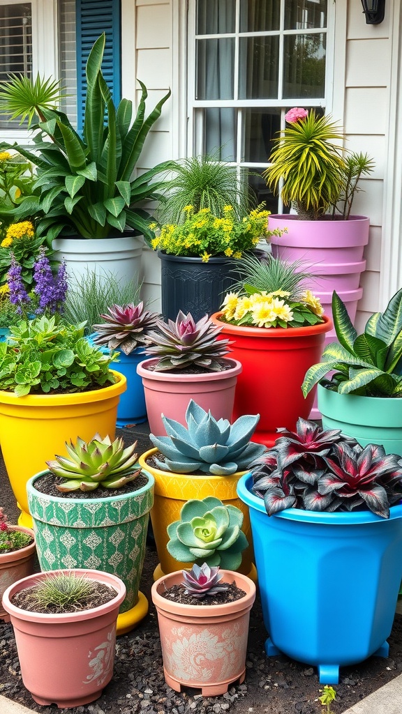 Colorful containers filled with various plants in a front yard setting.