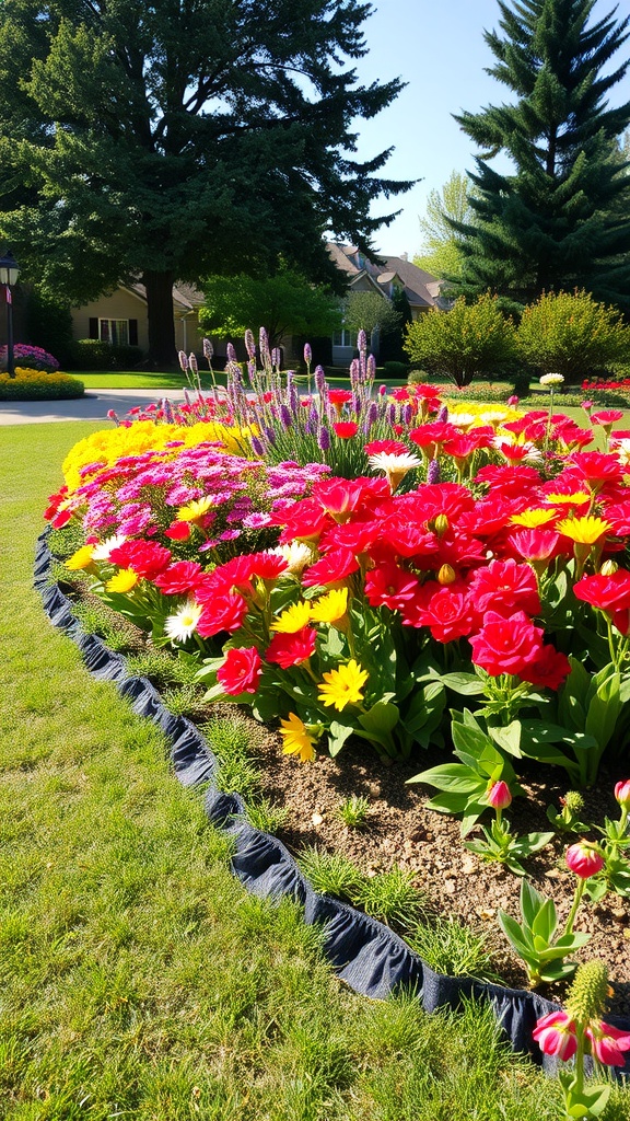 A colorful flower bed with red, yellow, and white flowers bordered by a neat edge.