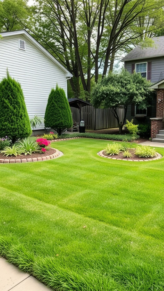 A front yard with well-defined garden spaces using stone edging and vibrant flowers.