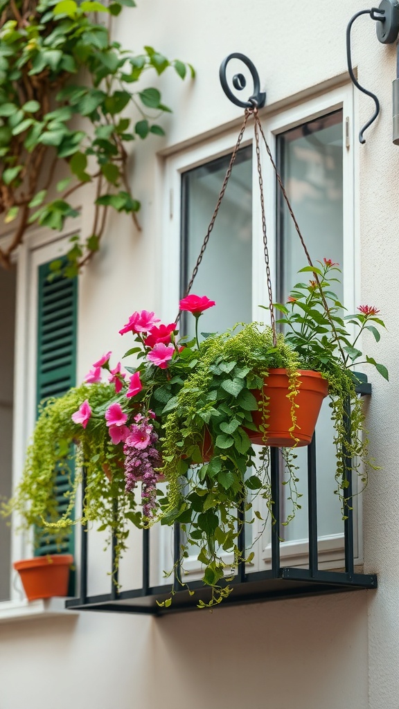 A balcony garden with hanging plants and vibrant flowers in pots.