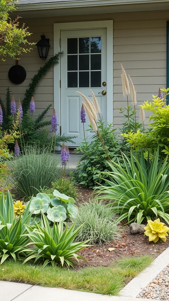 A front yard featuring various native plants, including purple flowers and green foliage, near a door.