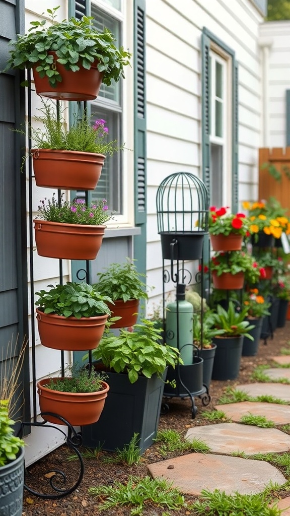 A front yard with tiered planters and various flower pots along a stone pathway.