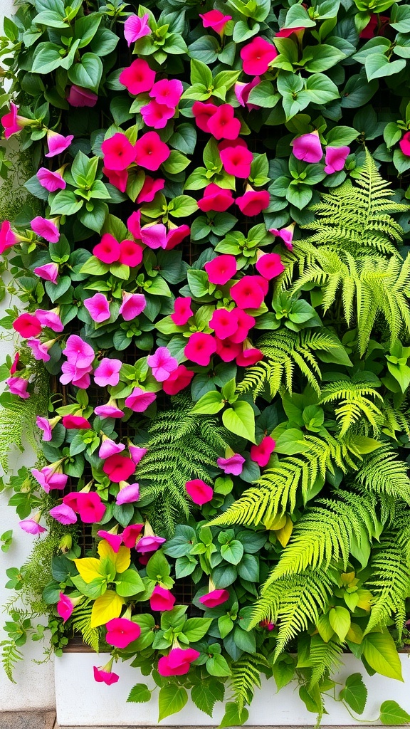 A vertical flower bed wall featuring vibrant pink flowers and lush green foliage.