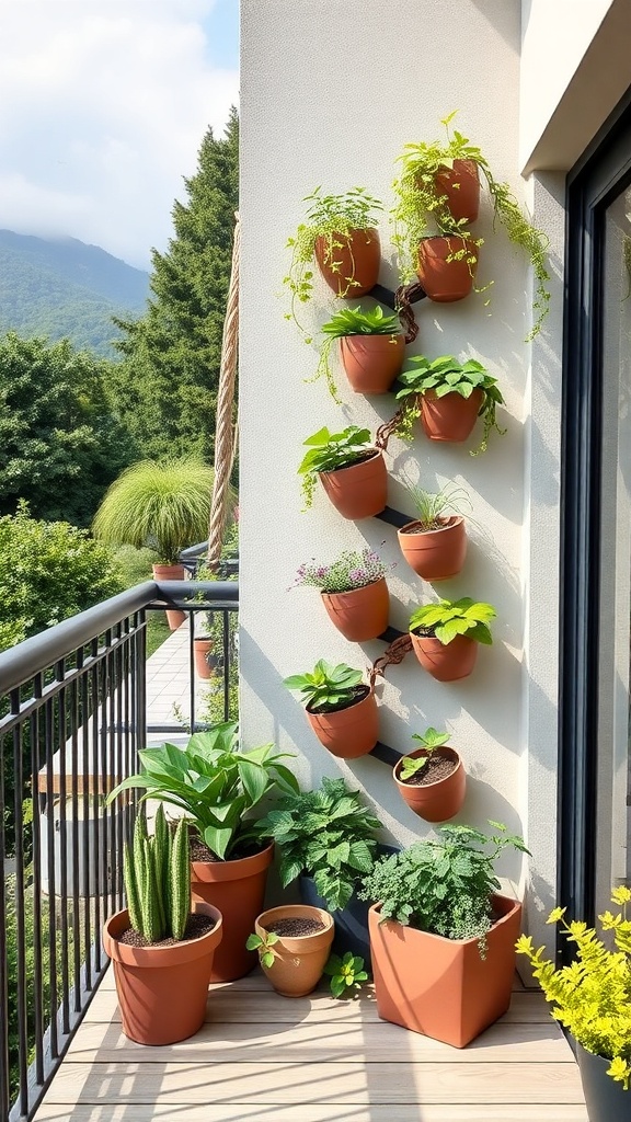 A balcony garden featuring vertical planters with various plants, including leafy greens and trailing vines, arranged against a wall.