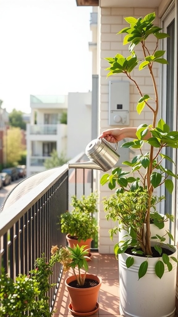 A person watering a plant on a balcony with a watering can, surrounded by potted plants.