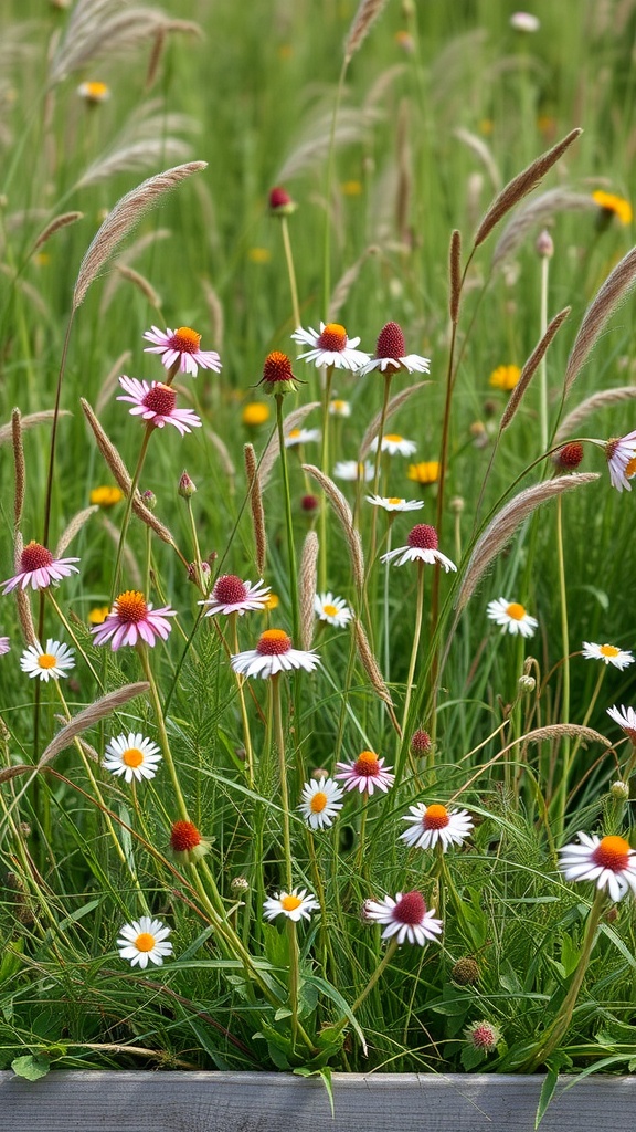 A vibrant wildflower meadow with daisies and tall grasses swaying in the breeze.