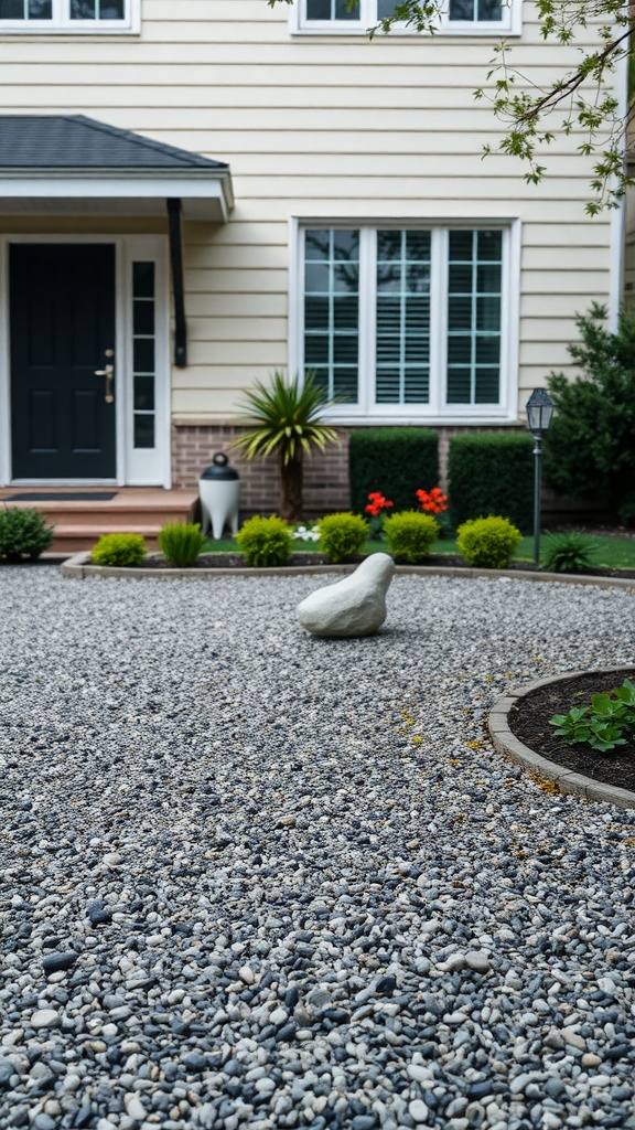 A minimalist front yard garden featuring gravel, a stone, and low-maintenance plants.
